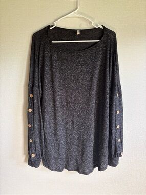Emerald Black Heather Button-Sleeve Relaxed Pullover